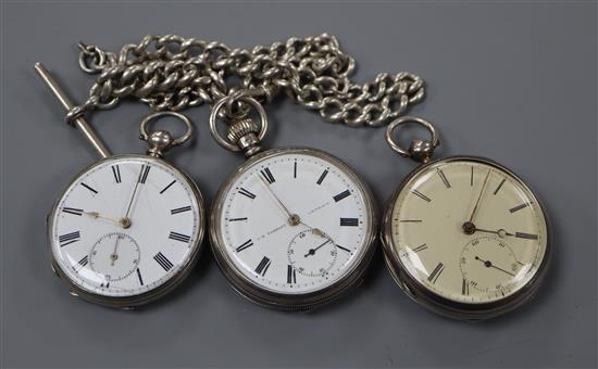 An Edwardian silver pocket watch, retailed by Yabsley, London, on a silver albert and two other pocket watches